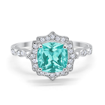 Halo Art Deco Engagement Ring Cushion Simulated Paraiba Tourmaline CZ 925 Sterling Silver